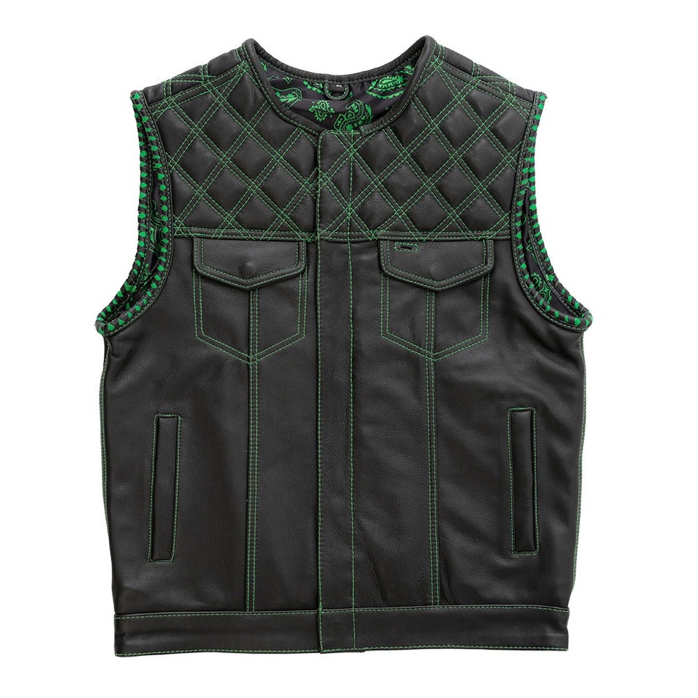MENS DIAMOND STITCHED GREEN PAISLEY LEATHER DENIM MOTORCYCLE CONCEALEDCARRY VEST